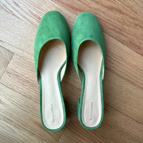 Reformation Green Suede Mules Chunky Heel 2.5 Inch Size 11 - Picture 2 of 8